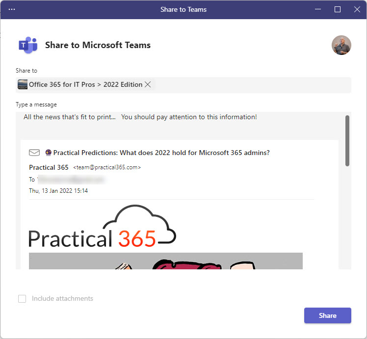 Sharing an Outlook message with a Teams channel