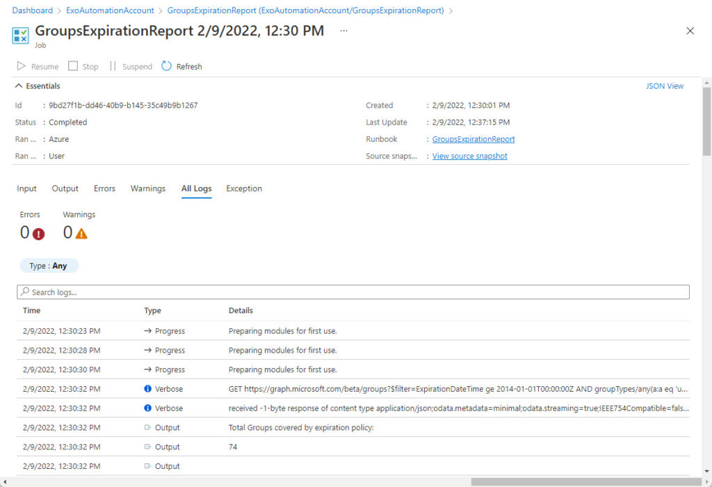 Checking the log for an Azure Automation runbook