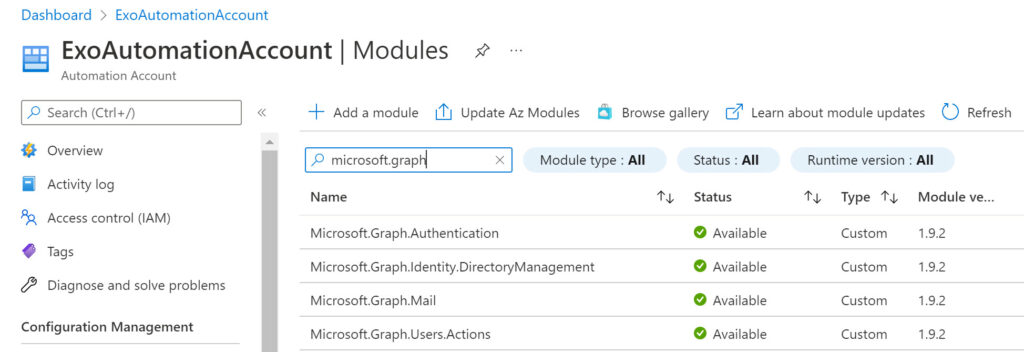 Microsoft Graph SDK for PowerShell modules loaded into an Azure Automation account