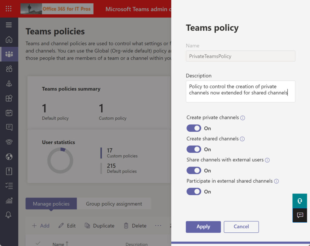 Enabling shared channels in a Teams channel policy