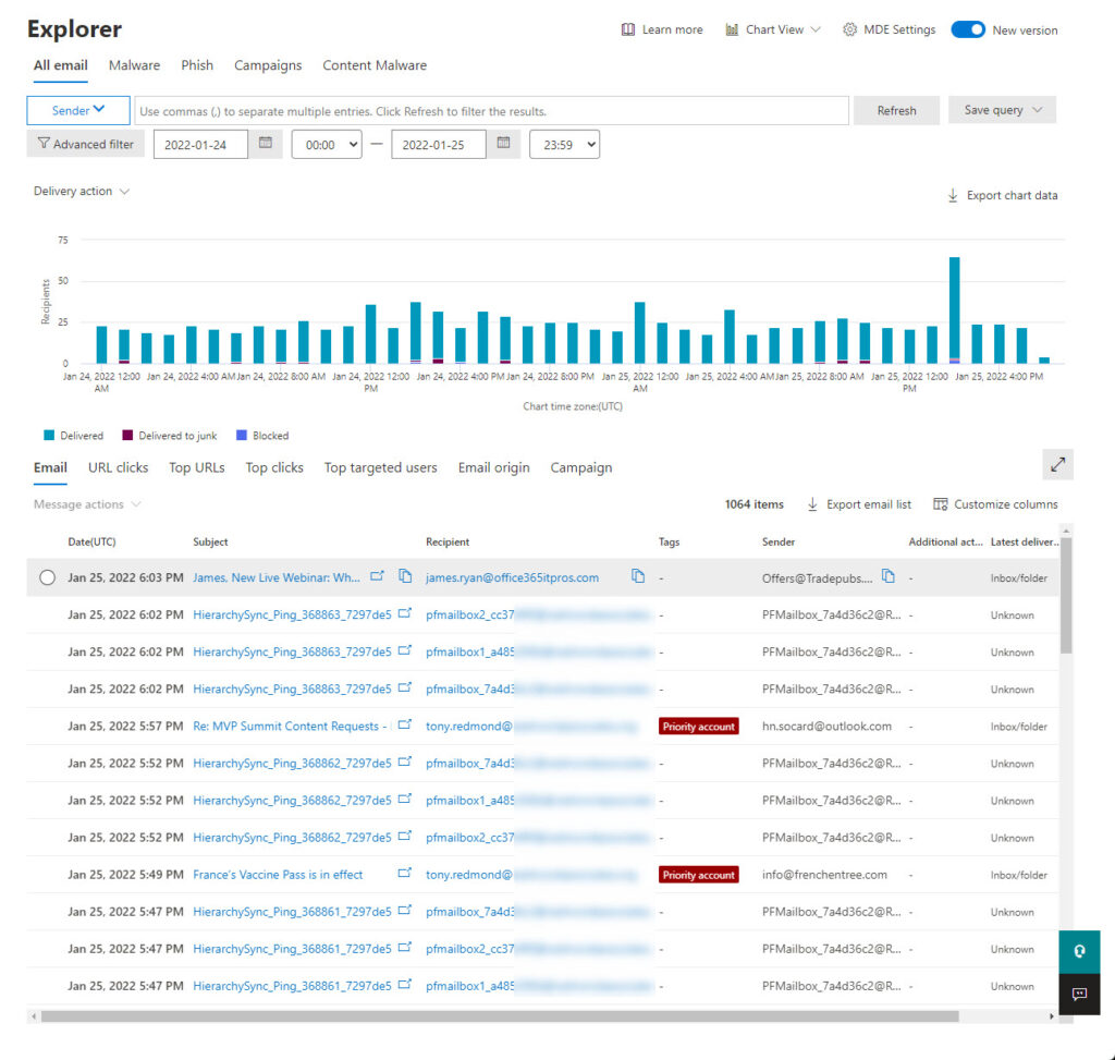 Threat Explorer lists email received by a tenant