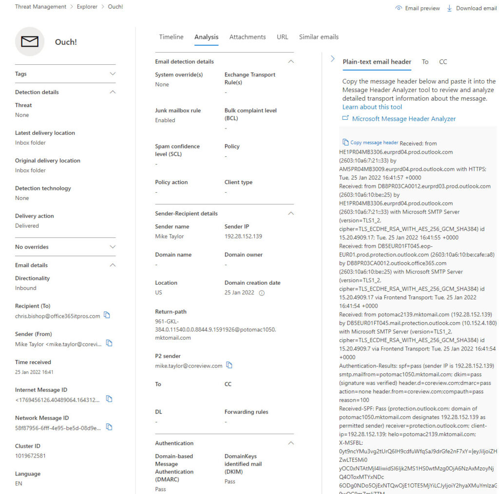 Using Threat Explorer to investigate details of a suspicious message