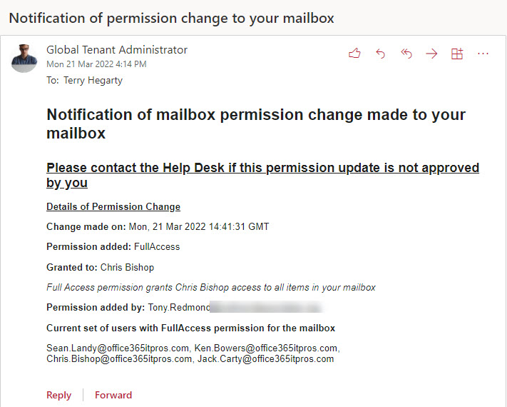 Email notification about mailbox permission changes