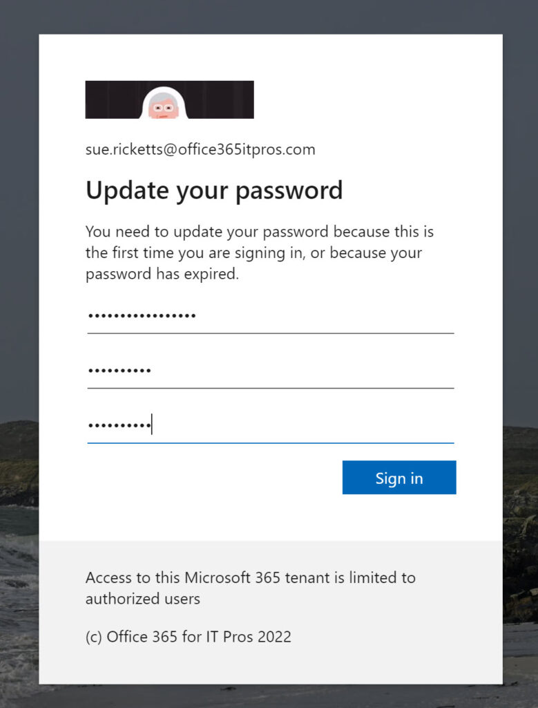 The new Azure AD account signs in and has to change its password