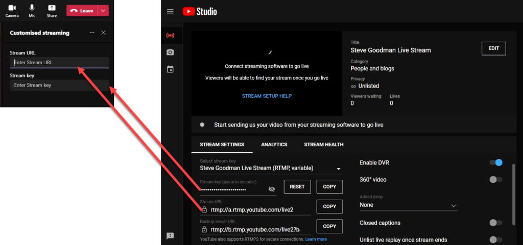 Enter the RTMP Stream URL and Stream key into Teams from your target platform