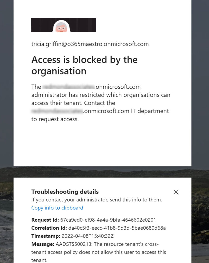 An attempt to connect is blocked by cross-tenant access settings