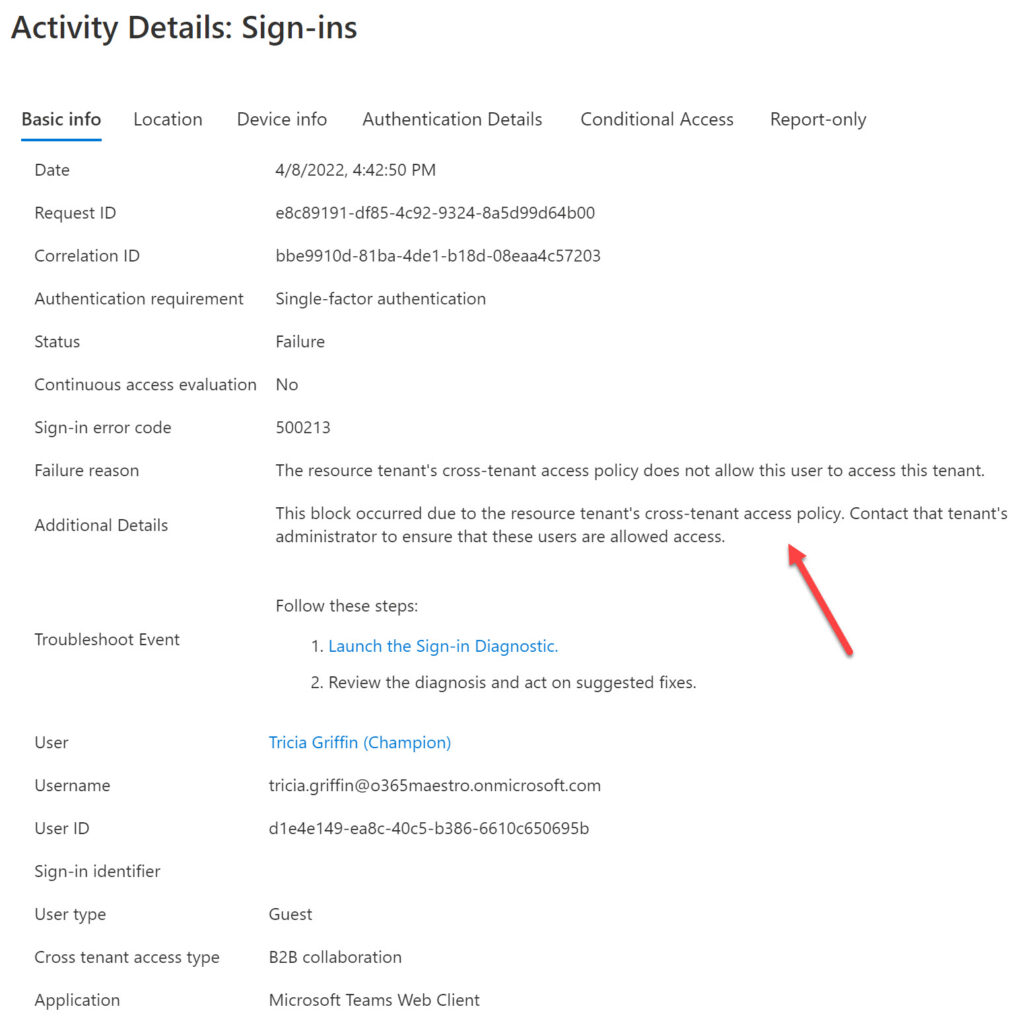 Azure AD sign-in log for a failed connection due to cross-tenant access settings