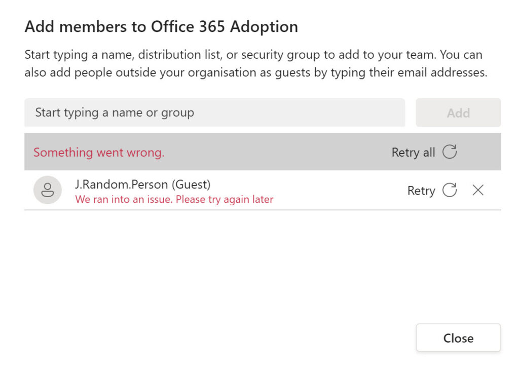 Azure AD signals an error when adding a guest user to a team