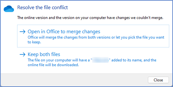 Resolving a conflict in Office files in OneDrive.