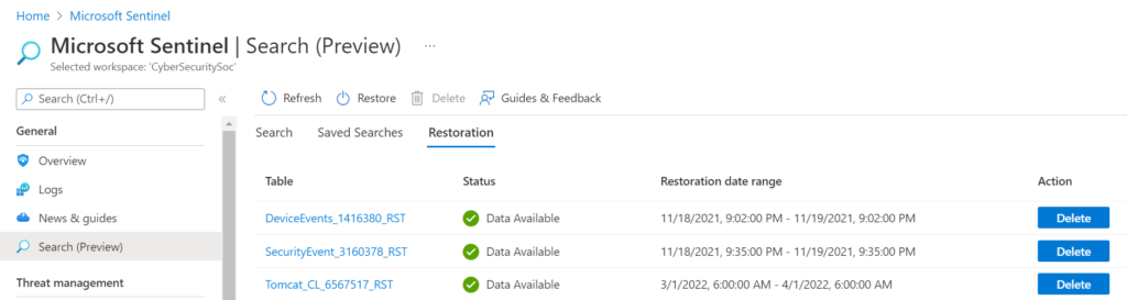 Data restoration in Microsoft Sentinel.