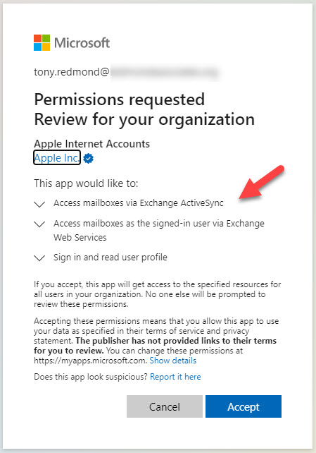 Administrative consent for the Apple iOS Accounts app