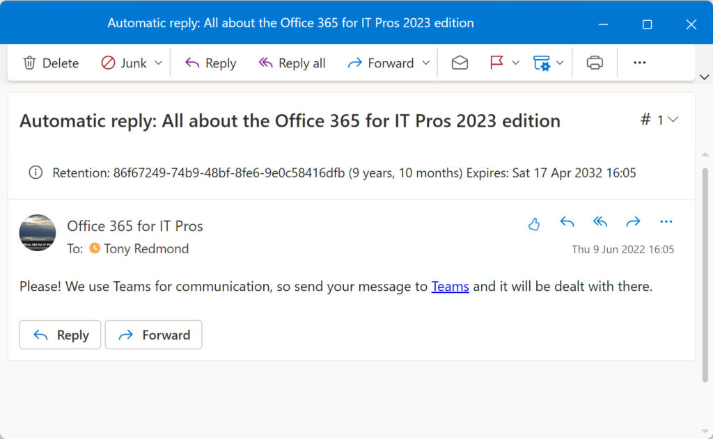 An auto-reply generated by a team-enabled Microsoft 365 group