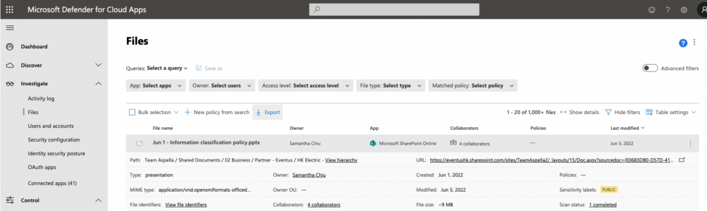 Information gathered by File Monitoring feature in Microsoft Defender for Cloud Apps