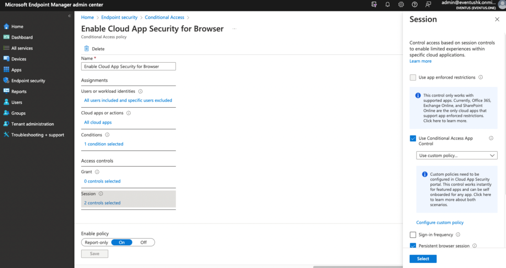 Creating a conditional access policy to use with Microsoft Defender for Cloud Apps