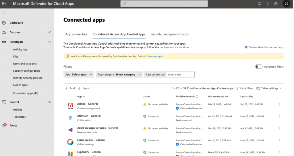 Microsoft Defender for Cloud Apps display showing connected apps.