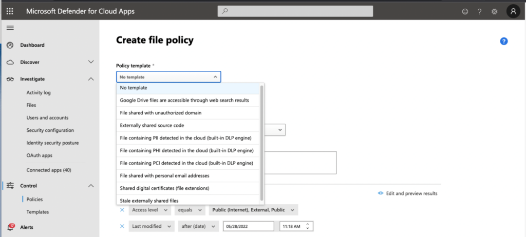 Creating a file monitoring policy in Defender for Cloud Apps
