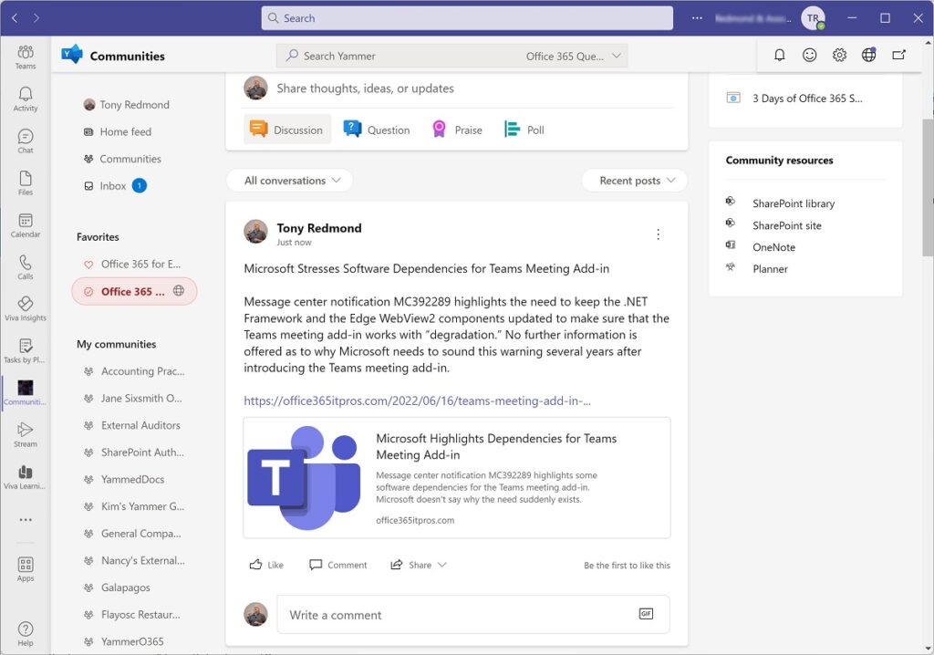 The Yammer Communities app in Teams