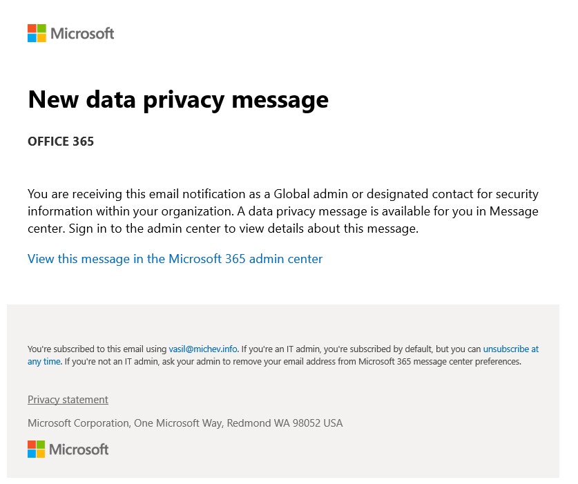A Microsoft 365 data privacy message