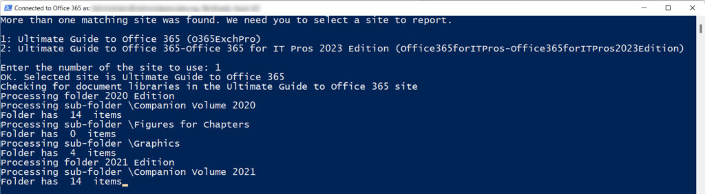 Running the script to report files in a SharePoint Online site