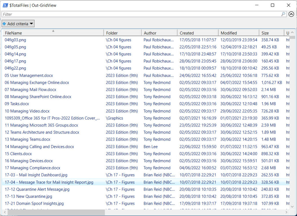 Using Out-GridView to examine details of files found in a SharePoint Online site
