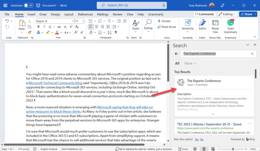 Viva Topics revealed by Microsoft Search in a Word document

Office 2016 and Microsoft 365 apps for enterprise