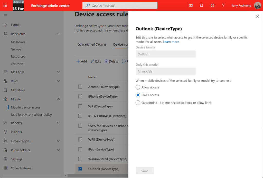 Blocking Outlook mobile with Exchange mobile device management