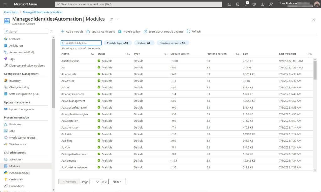 PowerShell modules installed in an Azure Automation account