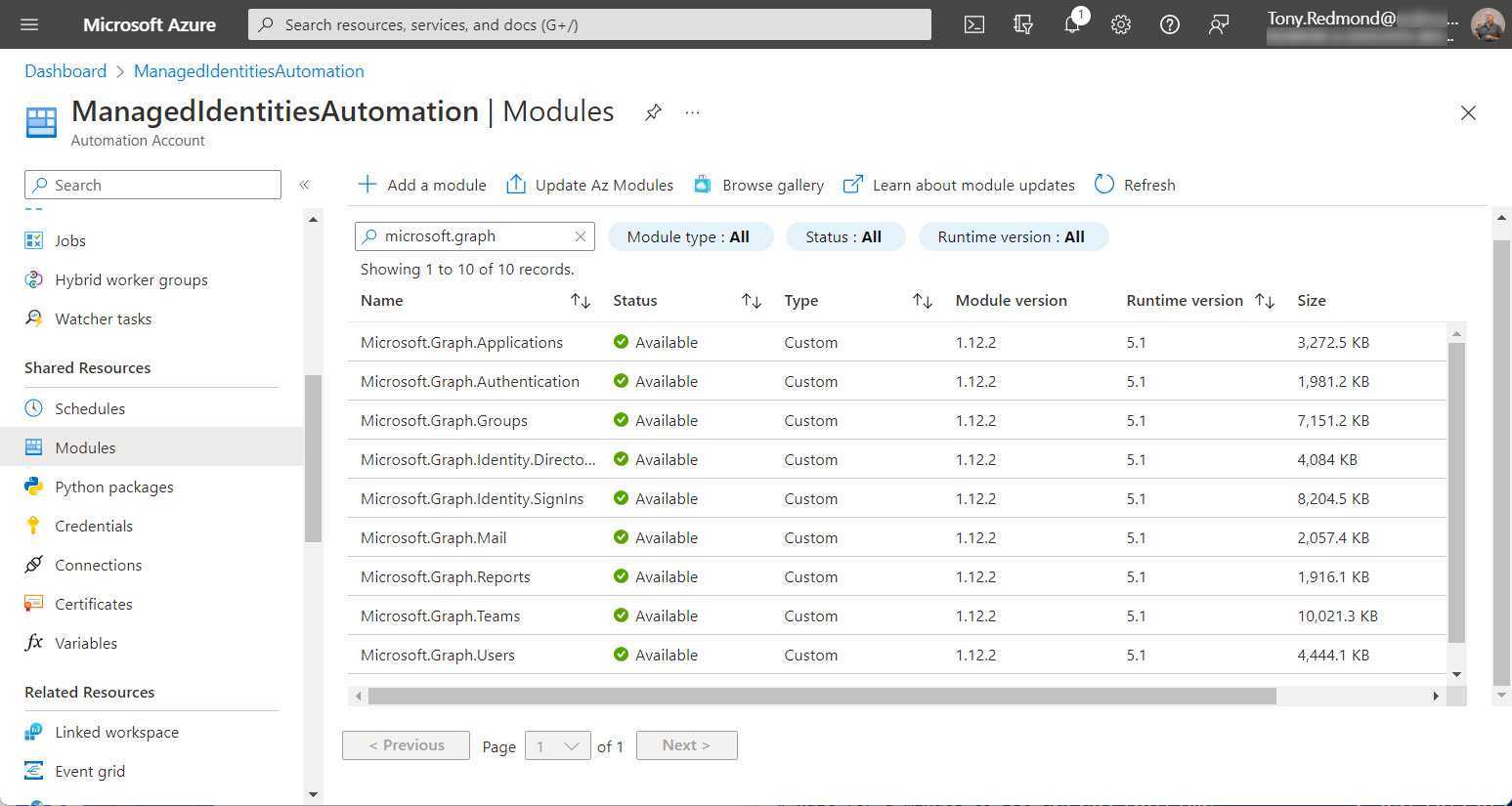 Update Microsoft Graph SDK Modules for Azure Automation