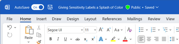Colored sensitivity label in the Word menu bar