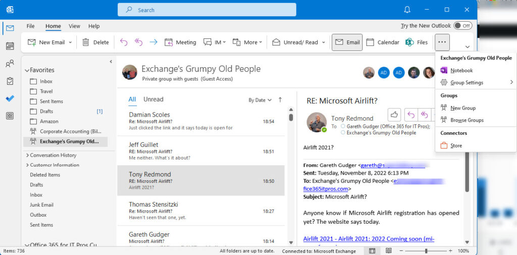Accessing an Outlook group with Outlook desktop
Outlook groups vs shared mailboxes