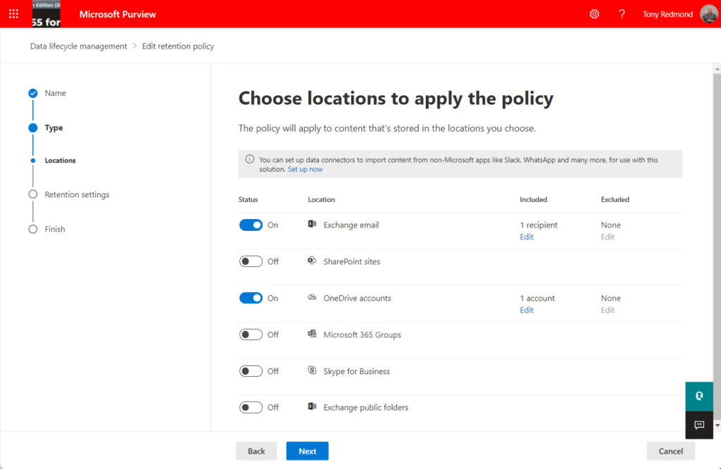 A static retention policy with just one Exchange and one OneDrive location