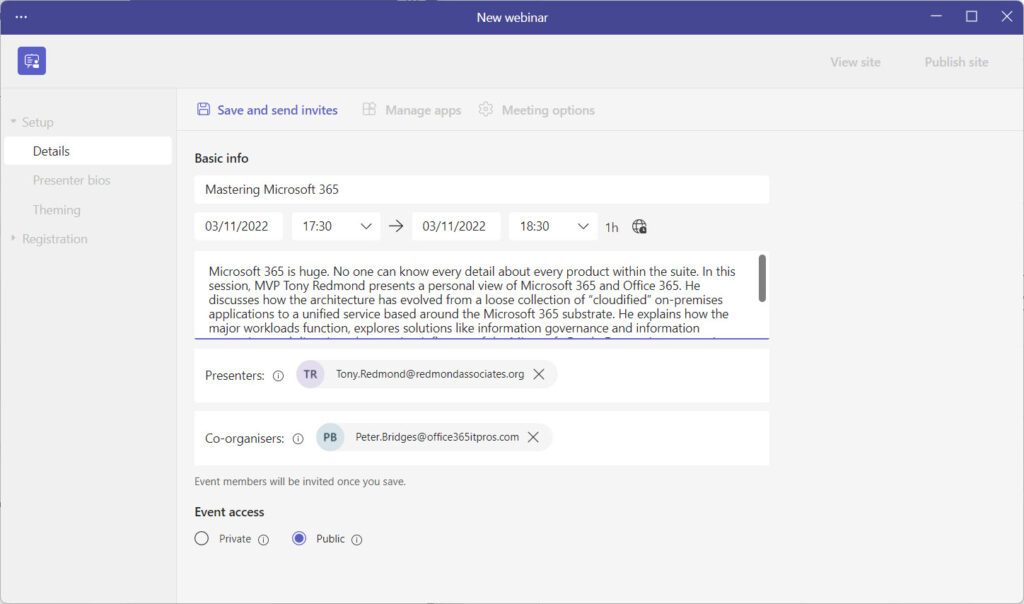 Setting up the basic details for a Teams webinar