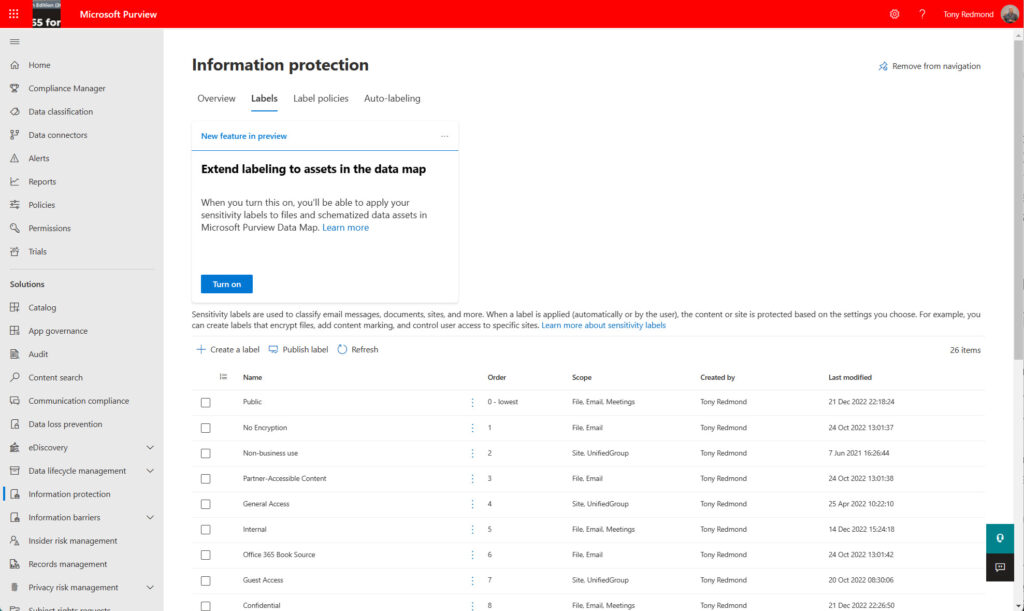 Microsoft Purview compliance portal displays a set of sensitivity labels