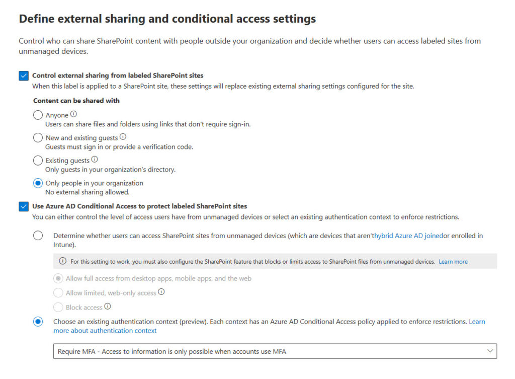 Sensitivity label settings to control sharing and conditional access