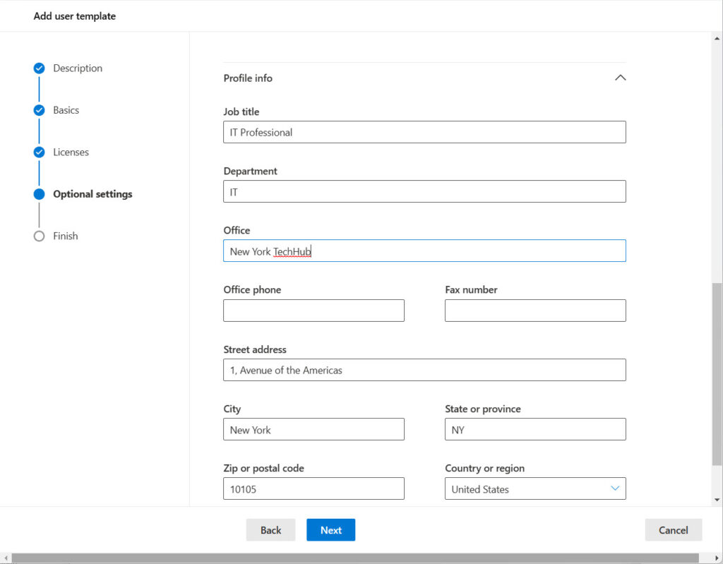Creating a new Microsoft 365 user template with prepopulated account settings

Azure AD account creation
