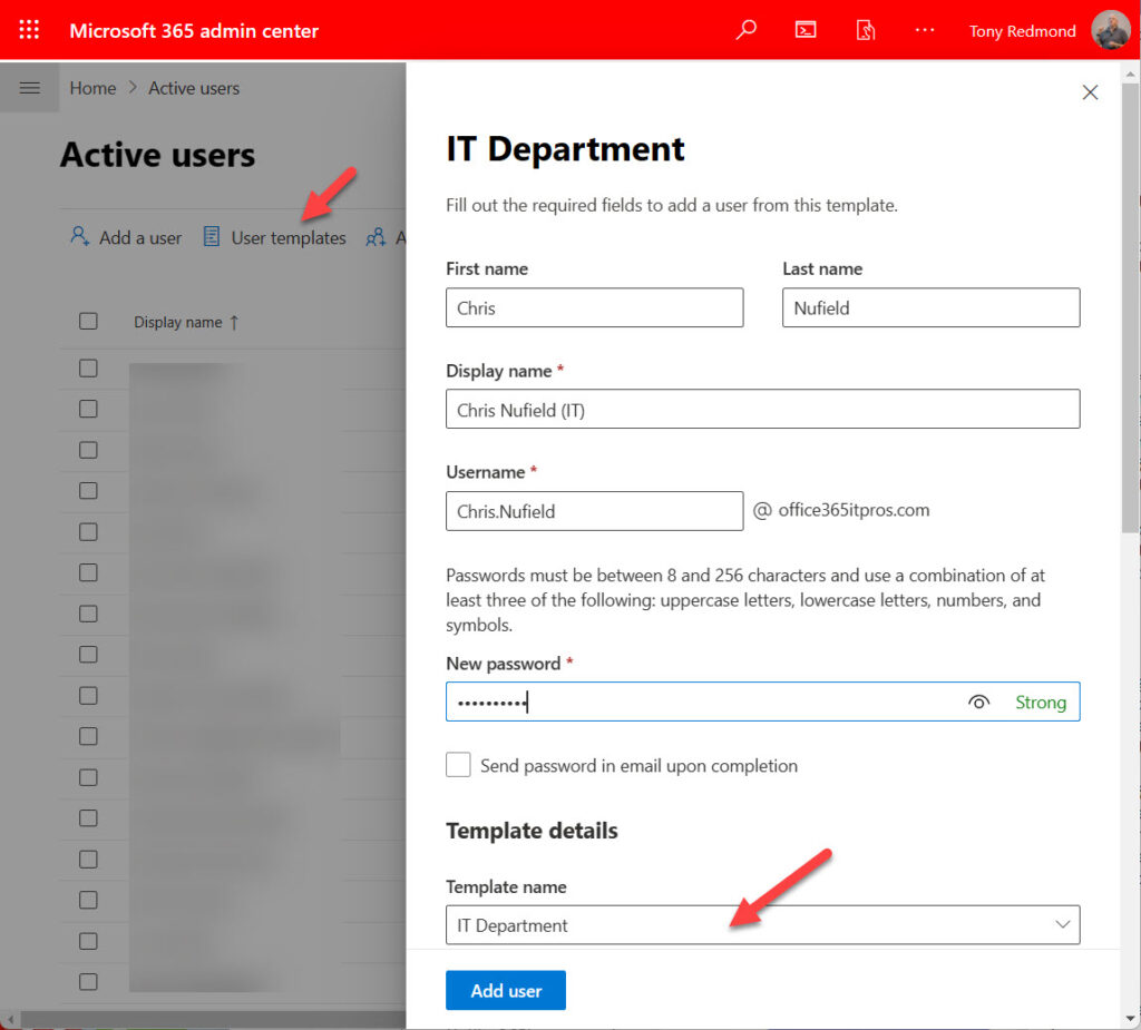 Creating a New Azure AD account with a Microsoft 365 user template