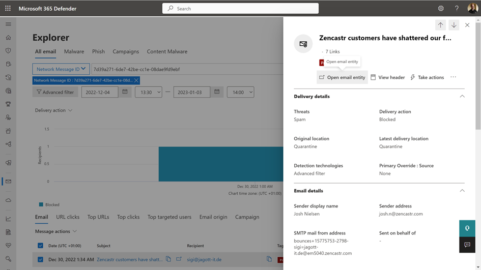 Figure 4: Threat Explorer showing Delivery details of a Junk-message