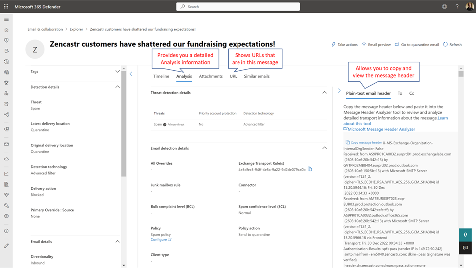 Microsoft Defender for Office 365 email entity page