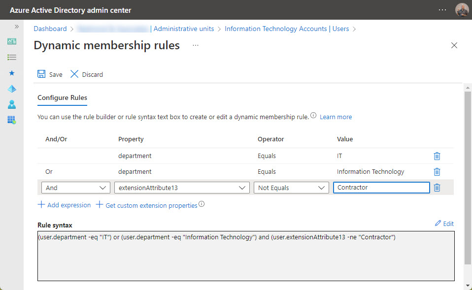  Constructing membership rules for a dynamic Azure AD administrative unit