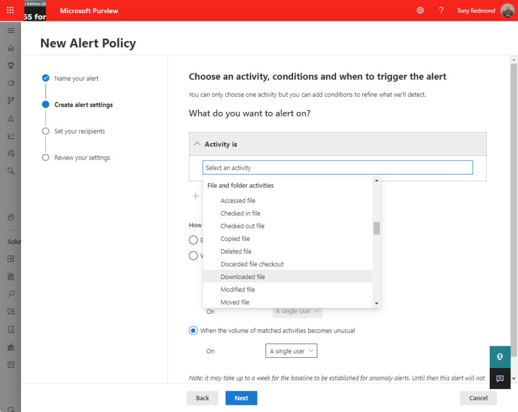 Creating a new alert policy in the Microsoft Purview compliance portal