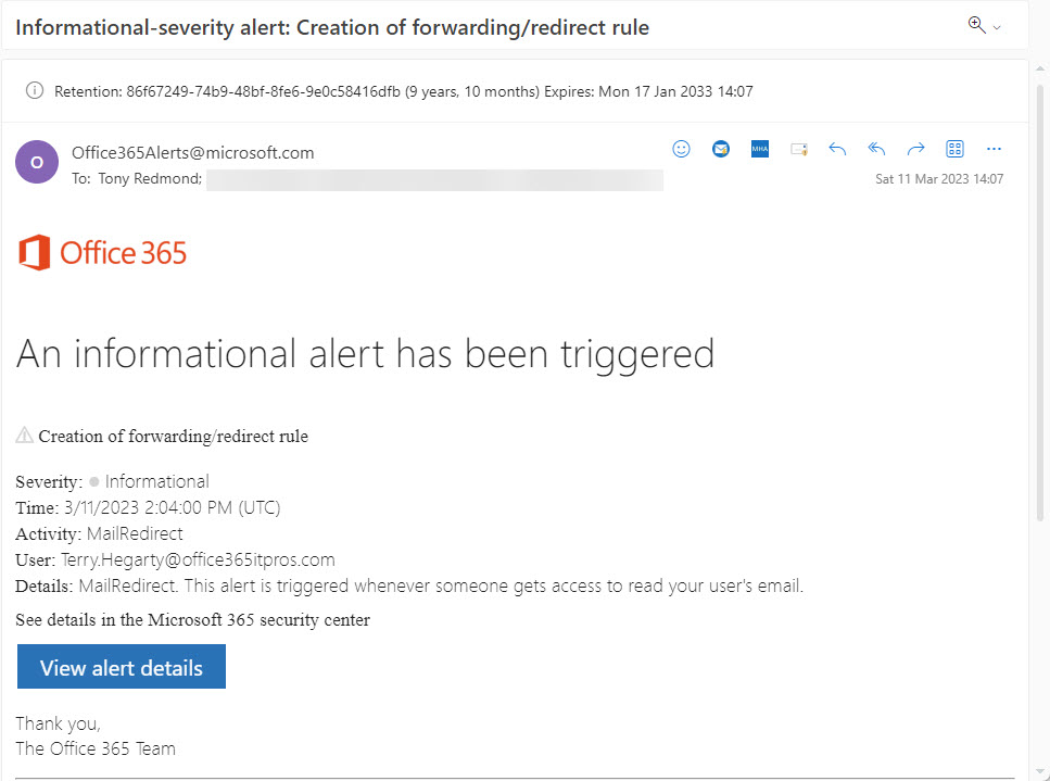 Microsoft 365 email alert for the creation of a mail forwarding rule

Microsoft 365 auditing