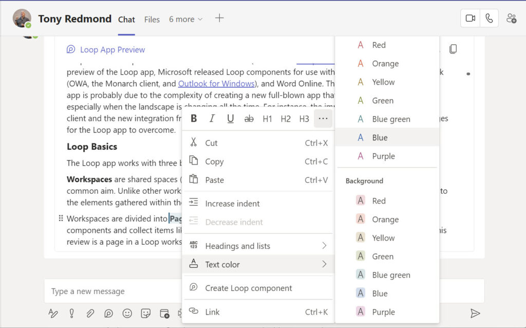 Editing a Loop component created from a Loop app page in Teams chat