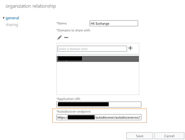 Figure 4: Editing Organization Relationship to override the Autodiscover endpoint