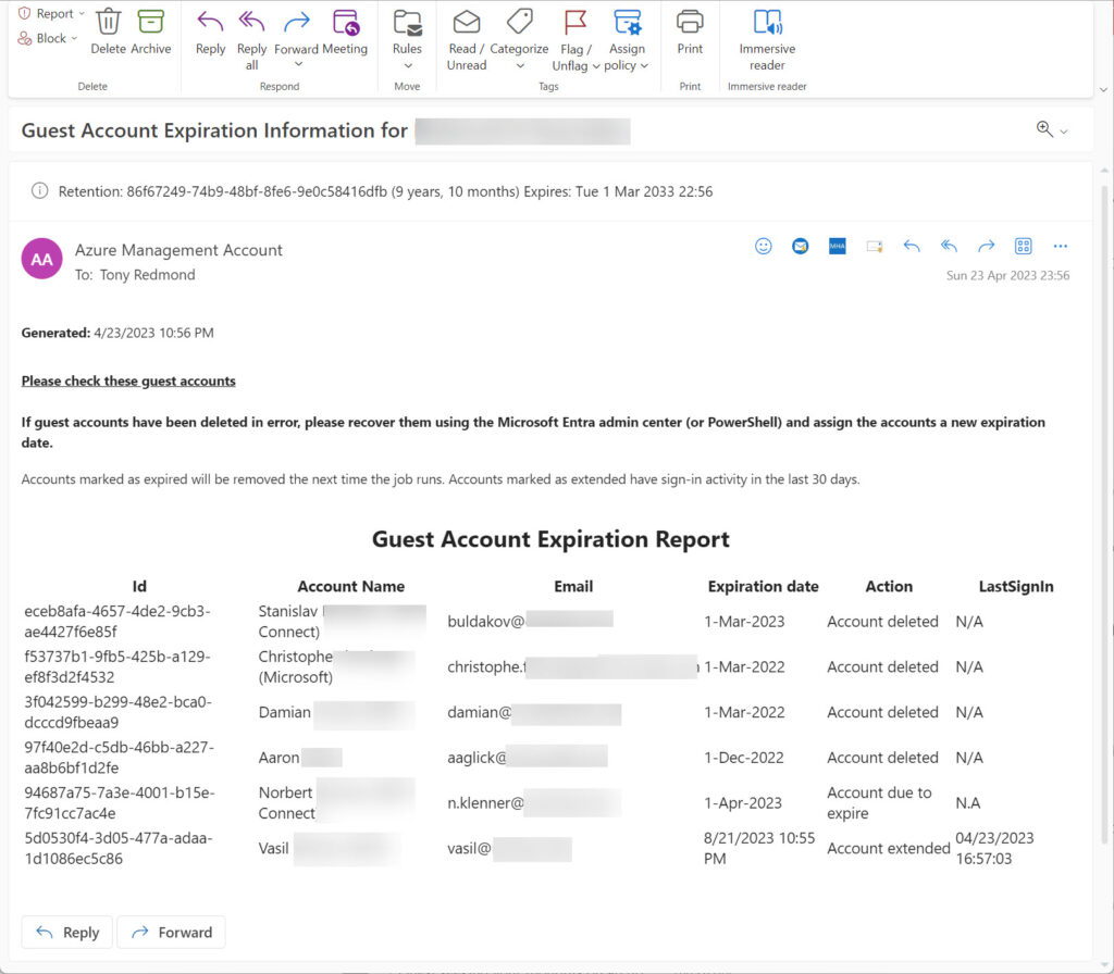 Reporting details of expired guest accounts