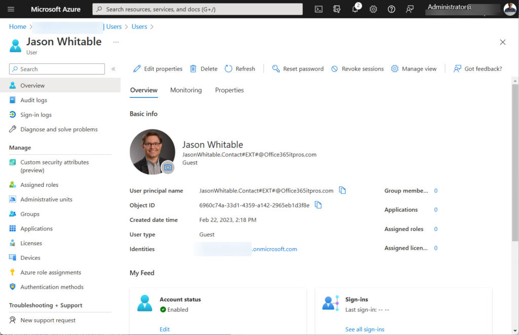 Properties of an Azure AD guest account created from a mail contact