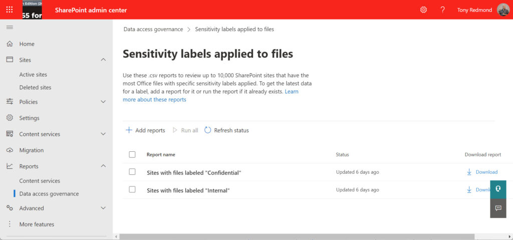 Sensitivity label reports available for data governance