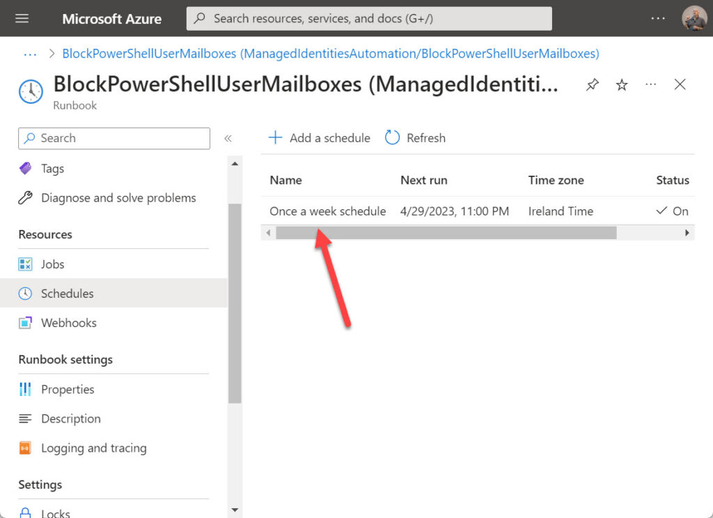 Linking an Azure Automation runbook to a schedule