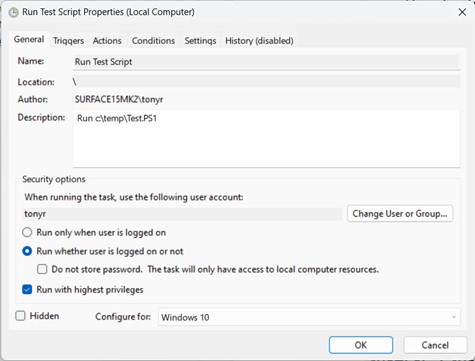 Properties of a task in Task Scheduler