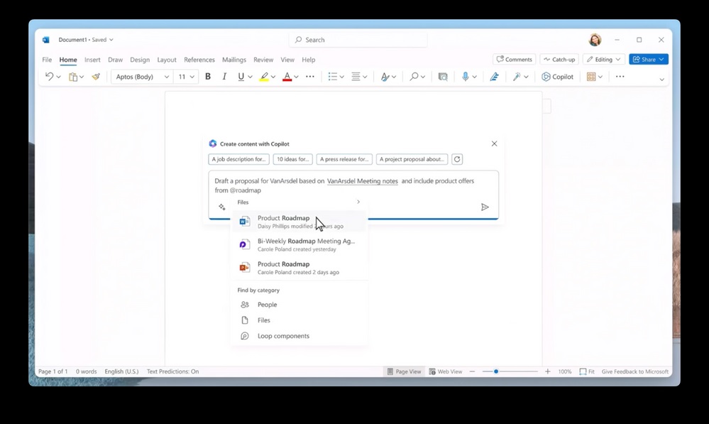  Microsoft 365 Copilot helps a user to draft a proposal based on meeting notes (source: Microsoft)
