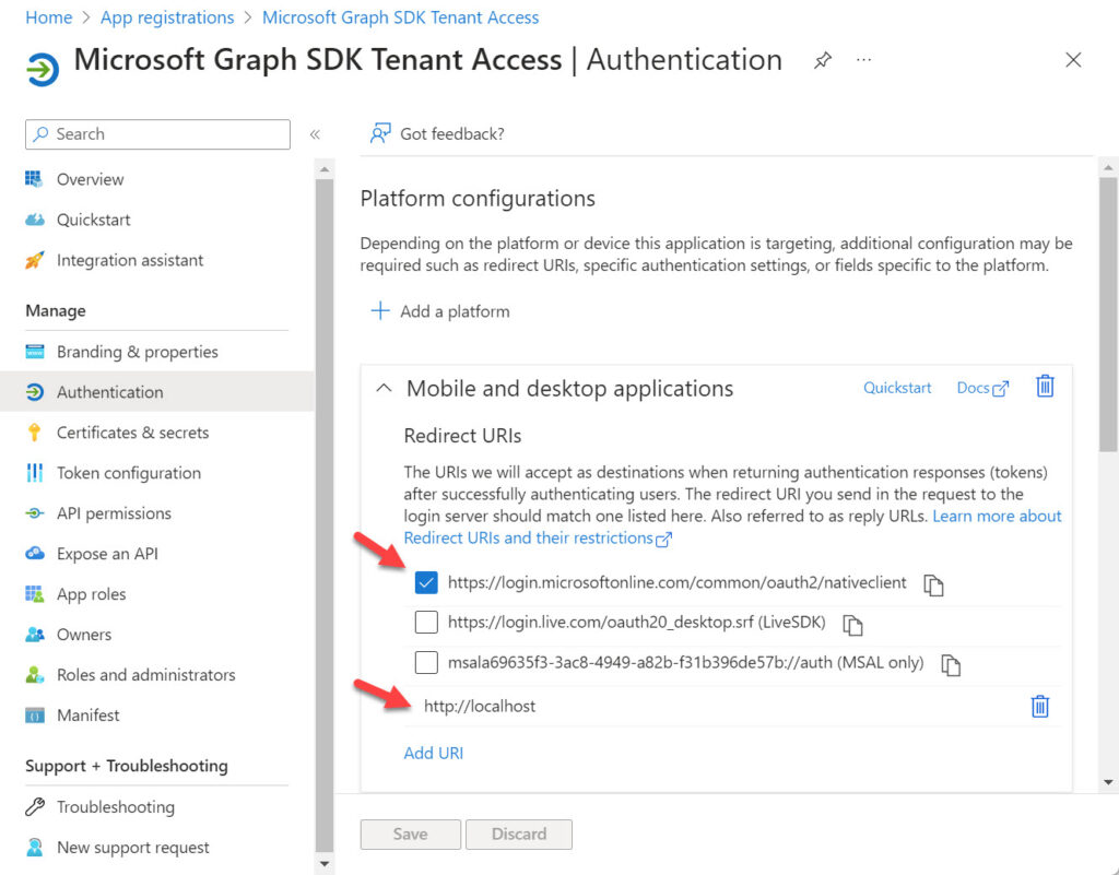 Configuring redirect URIs for a registered add used to access the Graph SDK